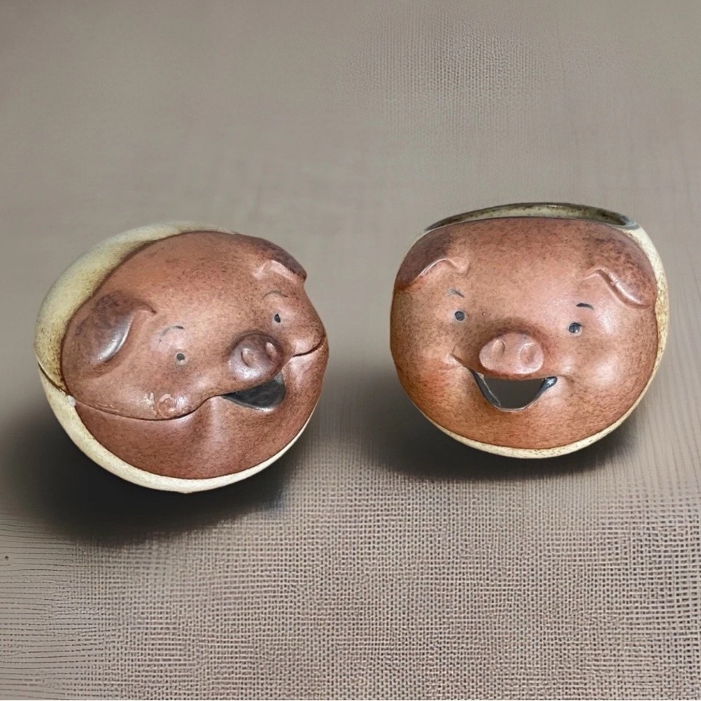 UCTCI Japan Happy Pig Pottery Cream & Sugar Set Stoneware Vintage